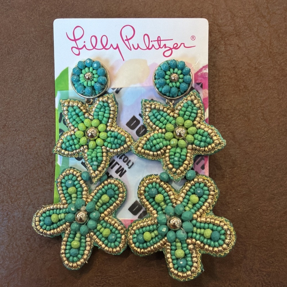 Lilly Pulitzer Always Blooming Earrings Botanical Green Beaded Floral